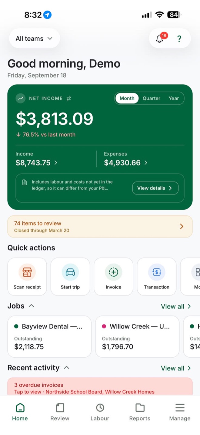 Pluto Suite home dashboard showing net income, quick actions, jobs, and recent activity