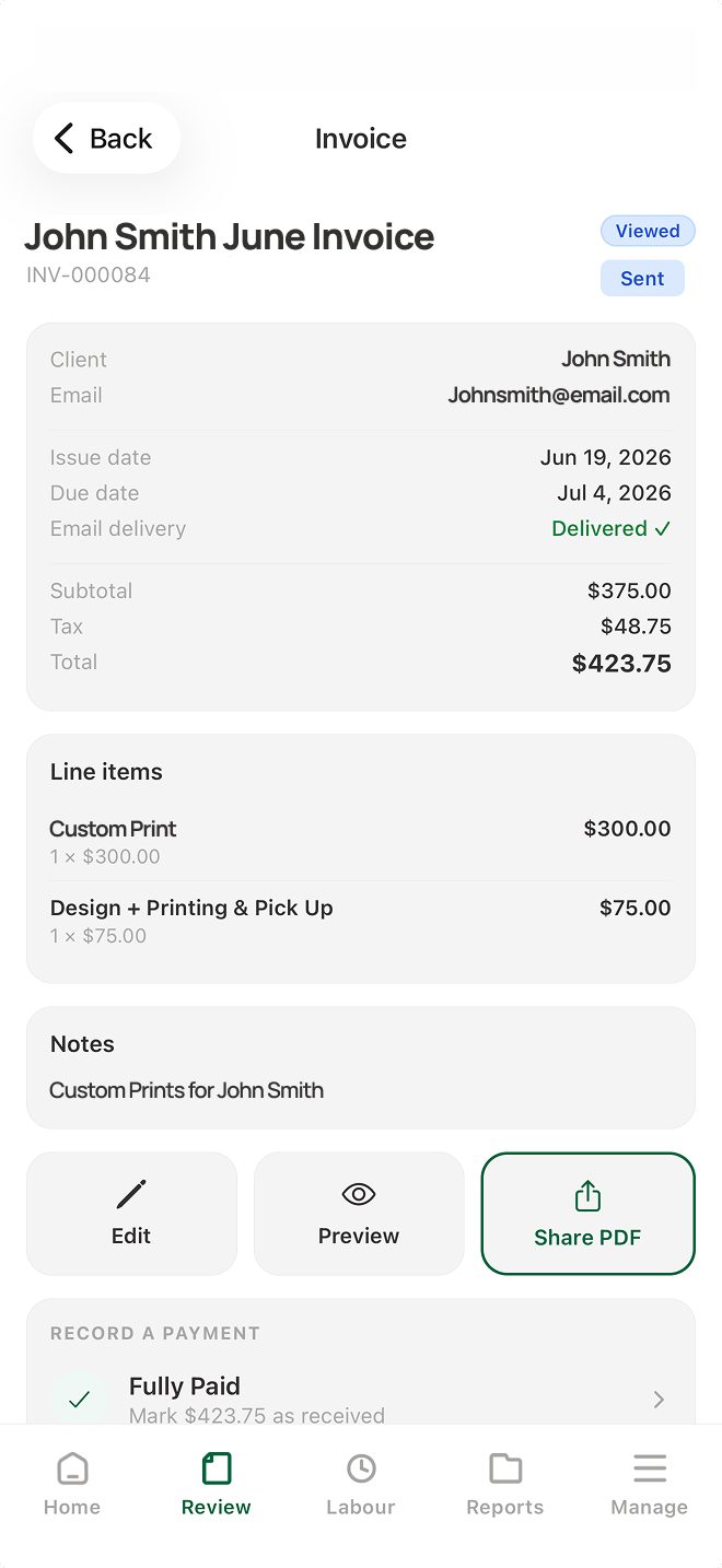 Pluto Suite invoicing screen