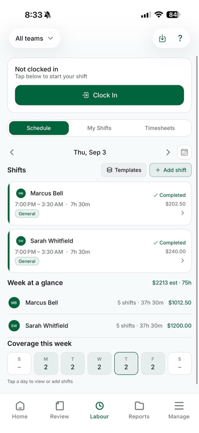 Pluto Suite labour schedule showing shifts, weekly totals, and coverage