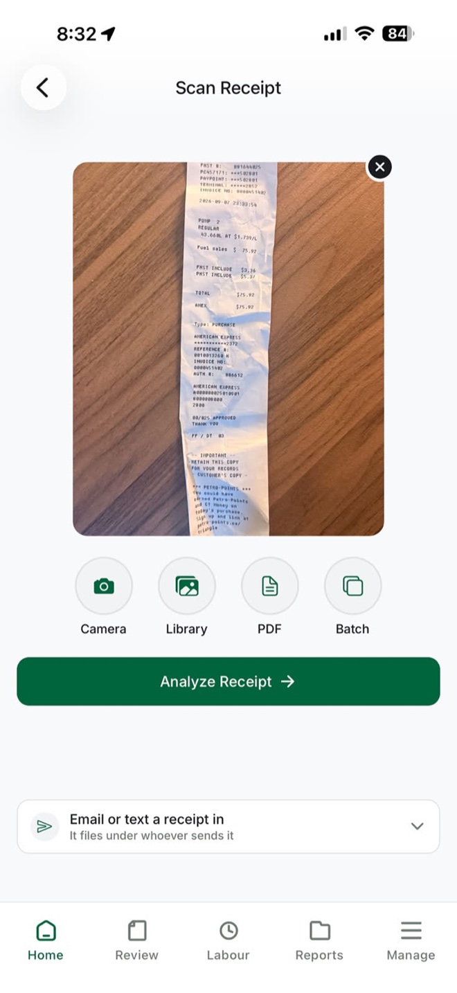 Pluto Suite receipt scanning screen with camera, library, PDF, and batch upload options